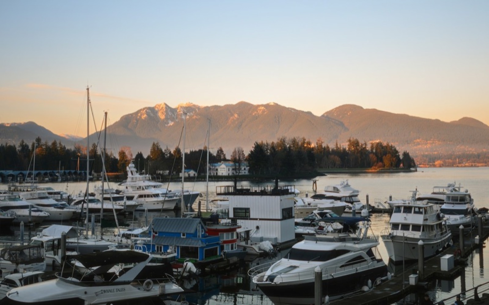 Boats moored in a sheltered inlet below forested coastal mountains in British Columbia